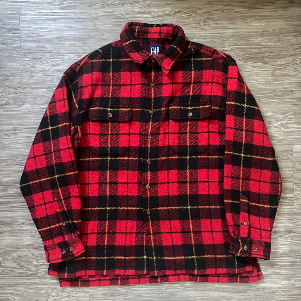 Gap Mens XL Red Black Plaid Wool Blend Flannel Shirt Jacket Buffalo Check Heavy